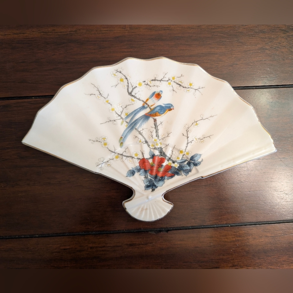 Vintage Jay Fan-Shaped Trinket Dish with Birds On A Branch Made In Japan